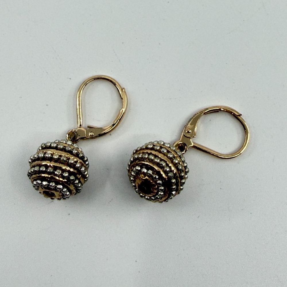 Boho Two-Tone Sphere Dangle Earrings - Textured Lever Back Jewelry - Picture 3 of 8